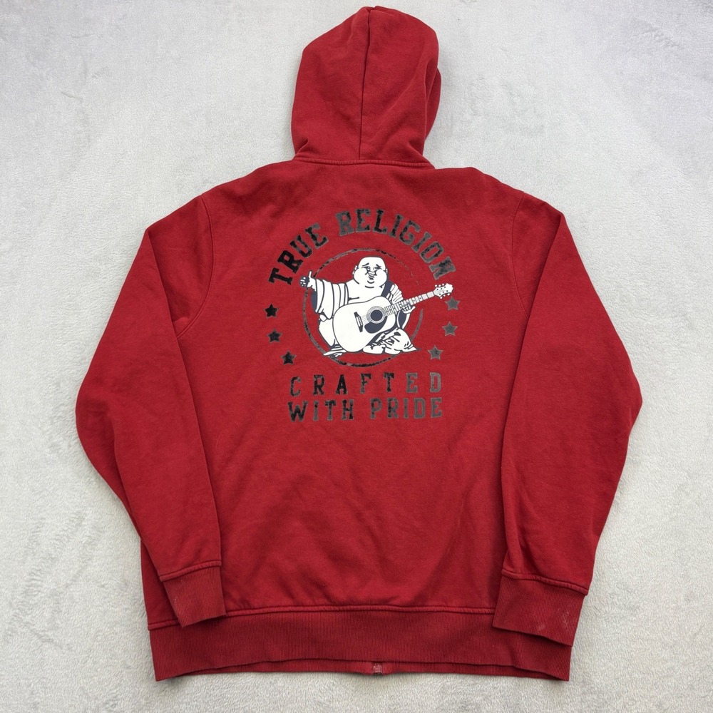True Religion Hoodie Mens XL Red Buddha Graphic Full Zip Y2K Hooded Sweatshirt